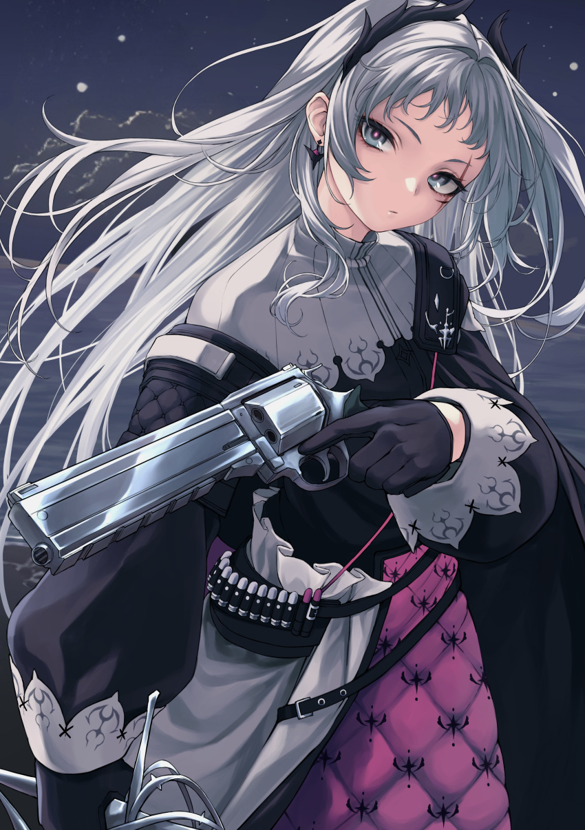 1girl absurdres ammunition_belt arknights bangs black_gloves blue_eyes capelet closed_mouth cowboy_shot dual_wielding earrings gloves grey_hair gun head_wings high-waist_skirt highres holding holding_gun holding_sword holding_weapon irene_(arknights) jewelry layered_skirt long_hair long_sleeves looking_at_viewer nameko_houshi night outdoors print_skirt puffy_long_sleeves puffy_sleeves purple_skirt scar scar_across_eye scar_on_face skirt solo sword trigger_discipline very_long_hair weapon white_capelet white_skirt