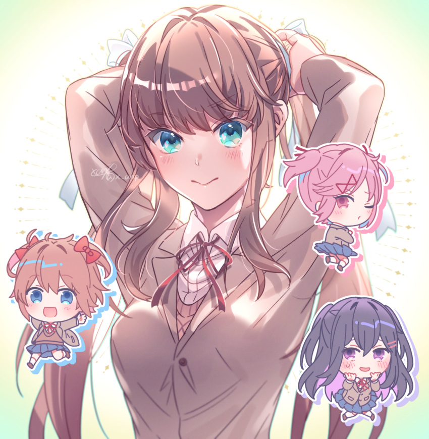 4girls :d aicedrop alternate_hairstyle aqua_eyes arms_up blue_eyes blush bow brown_hair brown_jacket chibi commentary_request doki_doki_literature_club hair_bow hair_ornament hair_ribbon hairclip highres jacket long_sleeves looking_at_viewer monika_(doki_doki_literature_club) multiple_girls natsuki_(doki_doki_literature_club) neck_ribbon open_mouth pink_eyes pink_hair purple_hair red_bow red_ribbon ribbon sayori_(doki_doki_literature_club) school_uniform sidelocks signature smile twintails twitter_username two_side_up tying_hair upper_body violet_eyes white_ribbon wing_collar yuri_(doki_doki_literature_club)