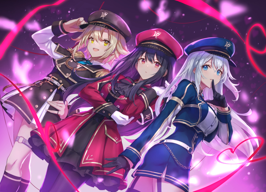 3girls :d arm_up armband bangs black_dress black_gloves black_hair black_headwear black_pantyhose black_socks black_thighhighs blue_eyes blue_headwear blue_jacket blue_skirt breasts brown_hair commentary_request cropped_jacket dress epaulettes finger_to_mouth garter_straps gloves grey_hair hair_between_eyes hand_on_headwear hand_on_hip hat jacket juliet_sleeves kneehighs liebe long_hair long_sleeves medium_breasts multiple_girls o-ring original pantyhose parted_lips peaked_cap puffy_sleeves red_eyes red_headwear red_jacket shirt skirt smile socks thigh-highs very_long_hair white_gloves white_shirt yellow_eyes