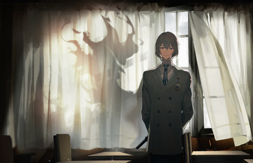 1boy absurdres akechi_gorou arms_behind_back black_necktie brown_eyes brown_hair chair chinese_commentary classroom collared_shirt curtains desk different_shadow film_grain formal gun hair_between_eyes highres holding holding_gun holding_weapon indoors loki_(megami_tensei) long_sleeves looking_at_viewer male_focus necktie persona persona_5 qi_id_wuneng school_chair school_desk shirt short_hair smile solo spoilers striped_necktie suit suppressor weapon white_shirt window