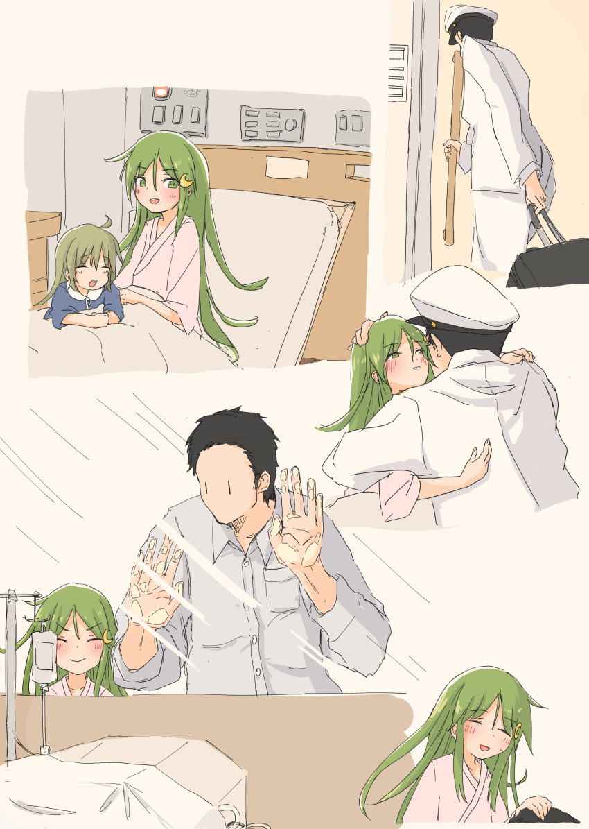 1boy 2girls absurdres admiral_(kancolle) ahoge bed commentary crescent crescent_hair_ornament family father_and_daughter green_eyes green_hair grey_shirt hair_ornament hat highres hospital_bed hug husband_and_wife jacket kantai_collection long_hair long_sleeves military military_hat military_uniform mother_and_daughter multiple_girls nagatsuki_(kancolle) po0000000000 shirt short_hair uniform white_jacket