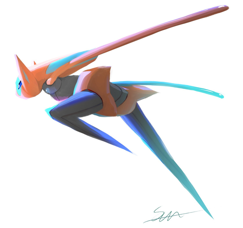 black_eyes commentary deoxys deoxys_(speed) from_side full_body highres horns leg_up likey no_humans pokemon pokemon_(creature) signature simple_background solo white_background