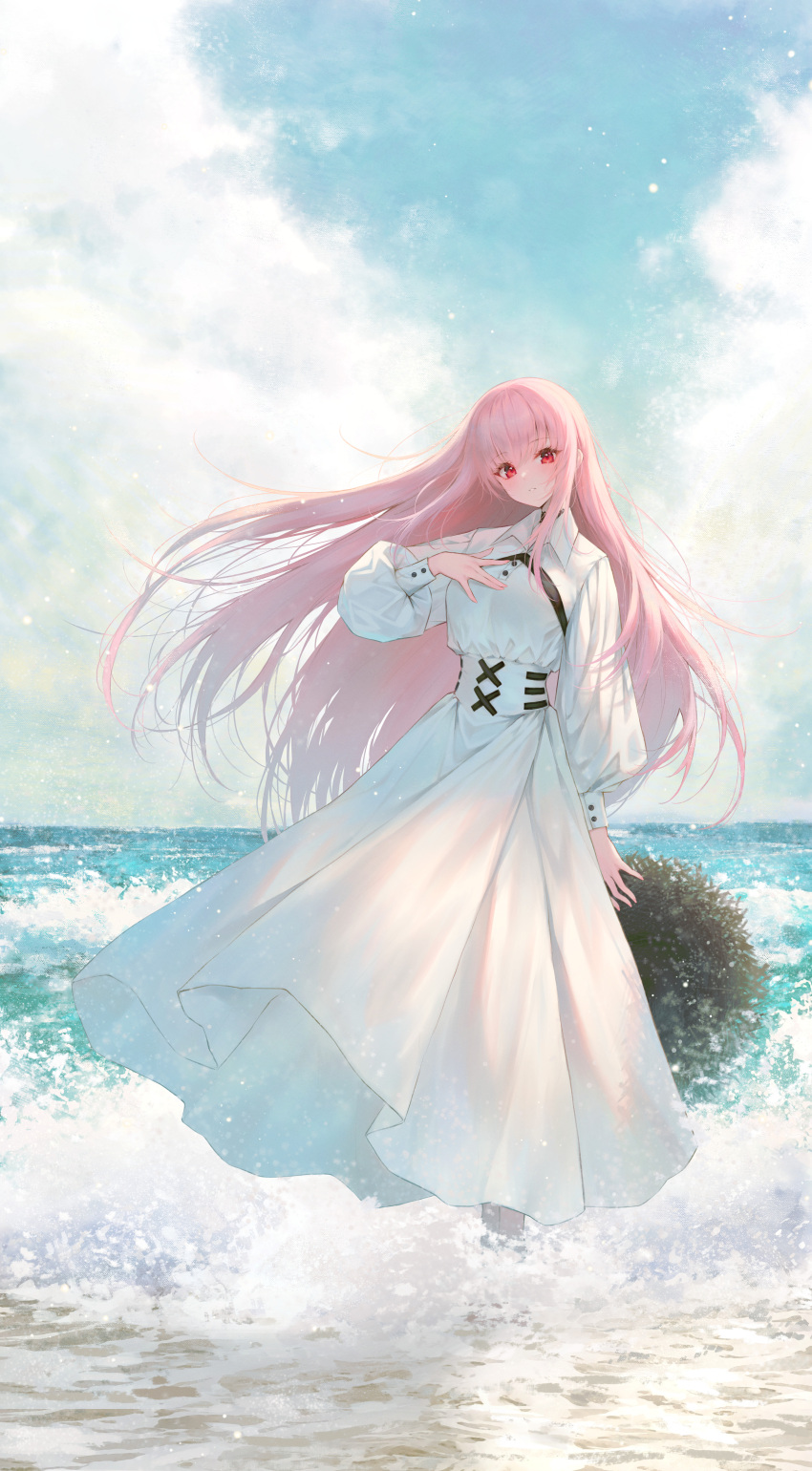 1girl absurdres arm_at_side bangs clouds cloudy_sky collared_dress day dress hand_up highres hololive hololive_english ijac_ray long_dress long_hair long_sleeves looking_at_viewer mori_calliope ocean outdoors parted_lips pink_hair puffy_long_sleeves puffy_sleeves red_eyes sky solo very_long_hair virtual_youtuber white_dress