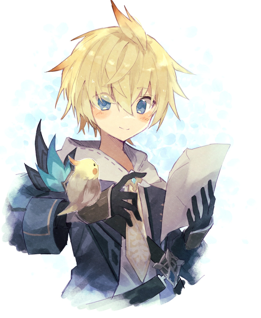 1boy androgynous animal_on_arm bird bird_on_arm blonde_hair blue_background blue_eyes blush closed_mouth genshin_impact gloves highres holding holding_paper long_sleeves male_focus mika_(genshin_impact) multicolored_background otoko_no_ko paper short_hair smile solo white_background yuuta_roo