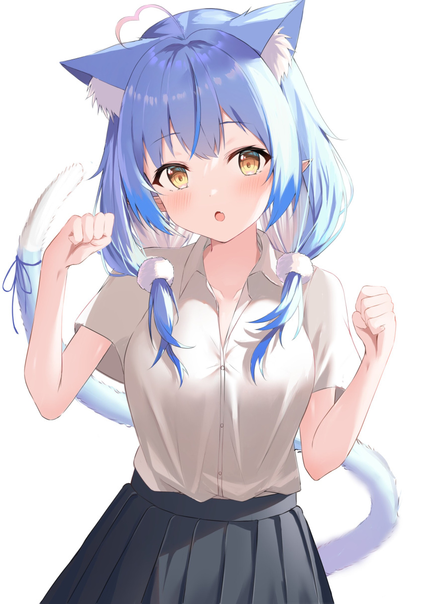 1girl :o absurdres aged_down ahoge animal_ear_fluff animal_ears black_skirt blue_hair blush breasts cat_ears cat_tail cilu_shinomori collared_shirt cowboy_shot dress_shirt extra_ears fang hair_over_shoulder hands_up heart heart_ahoge highres hololive kemonomimi_mode long_hair looking_at_viewer medium_breasts multicolored_hair paw_pose pleated_skirt pointy_ears ribbon school_uniform shirt shirt_tucked_in short_sleeves sidelocks simple_background skirt solo streaked_hair tail tail_ornament tail_raised tail_ribbon twintails virtual_youtuber white_background white_shirt yellow_eyes yukihana_lamy