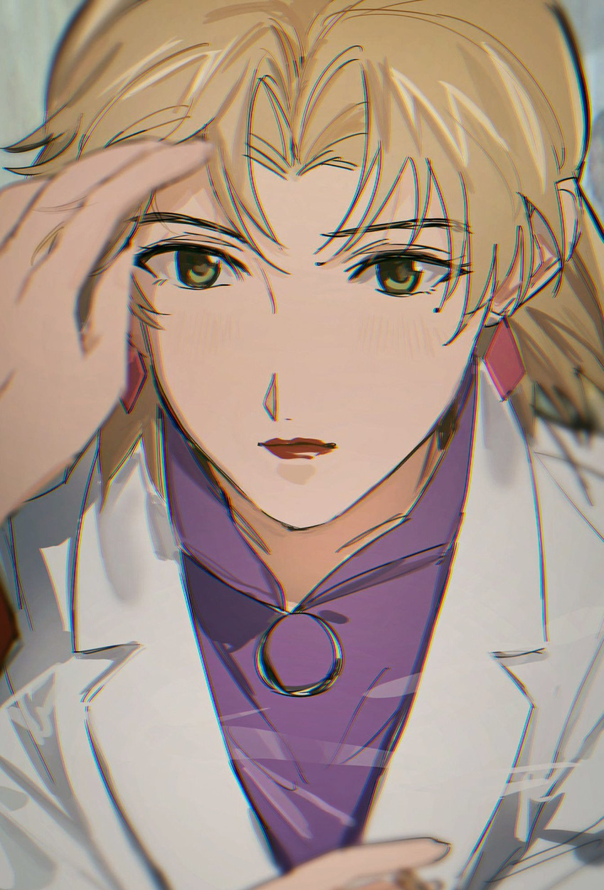 1girl akagi_ritsuko biiko_(king1015g) blonde_hair earrings green_eyes grey_background hand_in_another's_hair highres jacket jewelry katsuragi_misato labcoat light_blush medium_hair mole mole_under_eye neon_genesis_evangelion purple_shirt red_jacket red_lips shirt solo