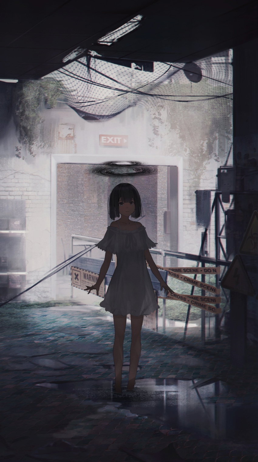 1girl absurdres bangs barefoot biohazard_symbol black_eyes black_hair brick_wall bush caution closed_mouth dress exit_sign full_body halo highres looking_at_viewer mooofoo net off-shoulder_dress off_shoulder original puddle short_hair sign smile solo standing tiptoes warning_sign water white_dress