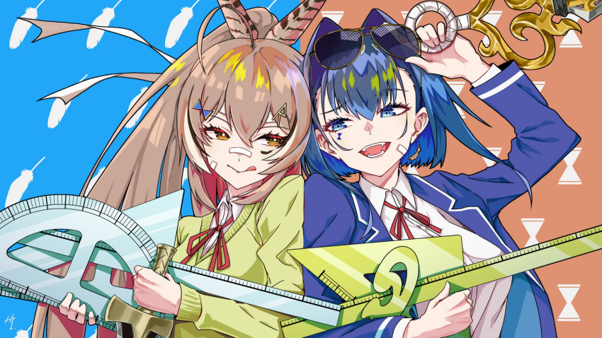 2girls adjusting_eyewear ahoge bandage_on_face bandages bangs blazer blue_eyes blue_hair blue_jacket brown_eyes brown_hair collared_shirt dagger dress_shirt earrings eyewear_on_head facial_tattoo fangs feather_earrings feather_hair_ornament feathers hair_intakes hair_ornament hairclip holding holding_dagger holding_sword holding_weapon hololive hololive_english hourglass jacket jewelry knife licking_lips long_hair multicolored_hair multiple_girls nanashi_mumei official_alternate_costume ouro_kronii ponytail protractor ribbon ruler school_uniform set_square shirt short_hair simple_background single_earring streaked_hair sunglasses sweater sword taka_t tattoo tongue tongue_out very_long_hair virtual_youtuber weapon white_shirt yellow_sweater yuri