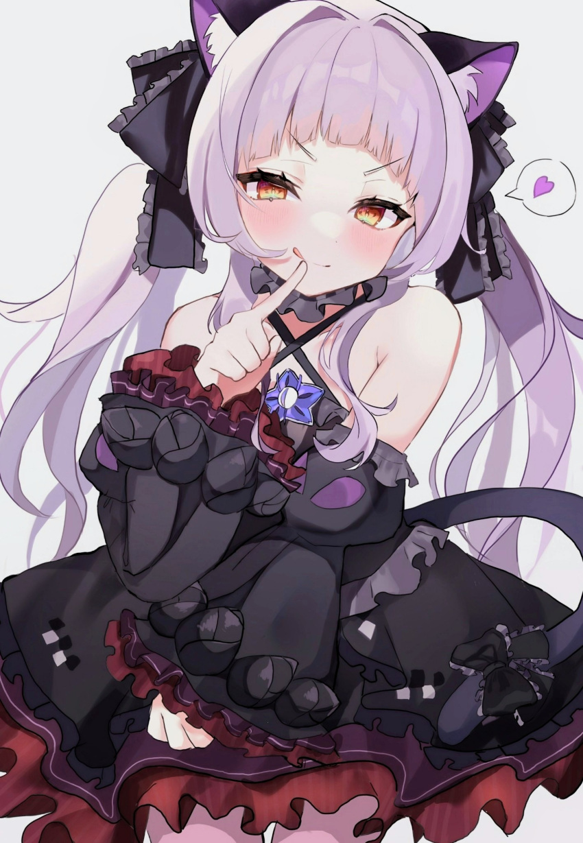1girl :q animal_ears artist_request bare_shoulders blush cat_ears cat_tail flat_chest heart highres hololive long_hair looking_at_viewer murasaki_shion speech_bubble tail tongue tongue_out v-shaped_eyebrows virtual_youtuber white_background