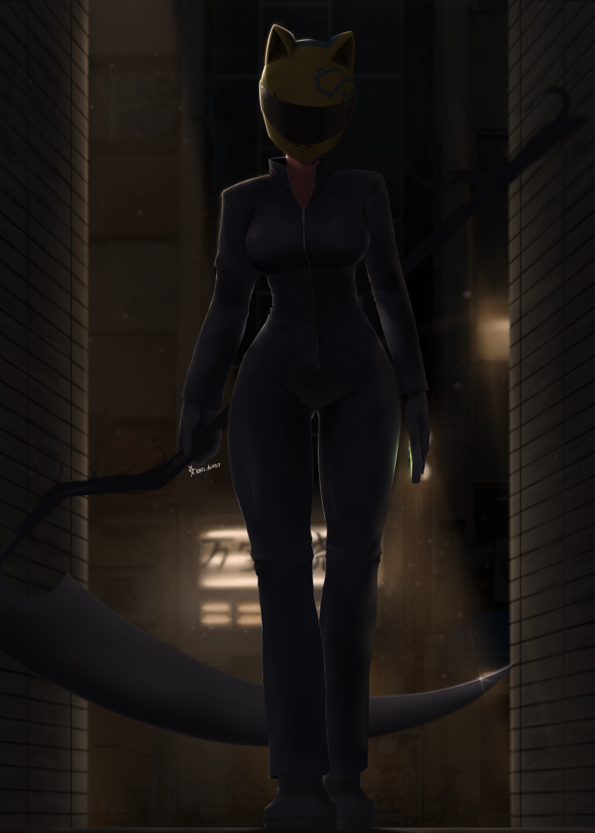 1girl absurdres alley animal_ears artist_name backlighting biker_clothes bikesuit black_bodysuit black_gloves bodysuit breasts cat_ears celty_sturluson commentary durarara!! eko.art facing_viewer full_body gloves helmet highres holding holding_scythe large_breasts motorcycle_helmet night outdoors scythe signature solo standing tight zipper zipper_pull_tab