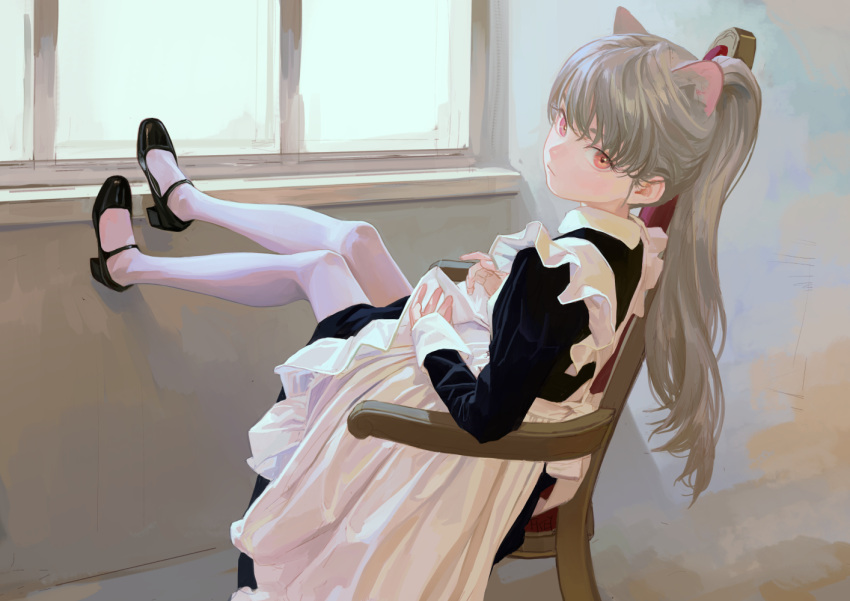 1girl animal_ears apron black_dress black_footwear closed_mouth dress extra_ears fkey full_body grey_hair indoors legs_up long_hair long_sleeves looking_at_viewer maid_apron original pantyhose pink_eyes ponytail shoes solo white_apron white_pantyhose window