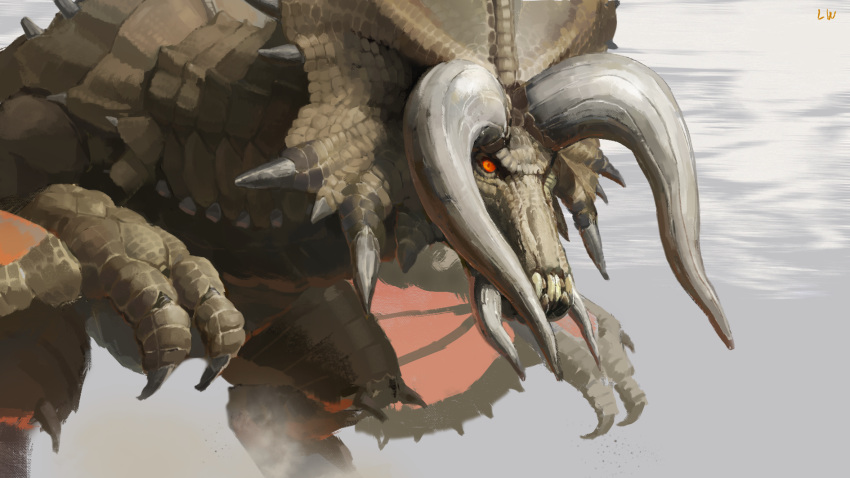 diablos highres horns monster monster_hunter_(series) no_humans orange_eyes signature standing tusks yi_gesang