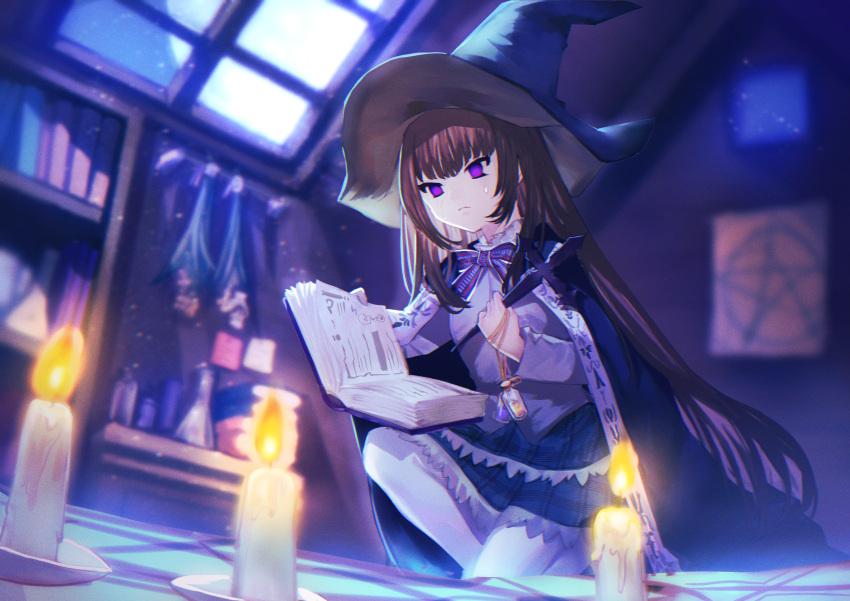 1girl absurdres black_headwear blurry blurry_background book brown_hair candle cloak closed_mouth commission hat highres holding holding_book indoors long_hair looking_away night open_book original pentagram pixiv_request shionty sweatdrop violet_eyes window witch witch_hat