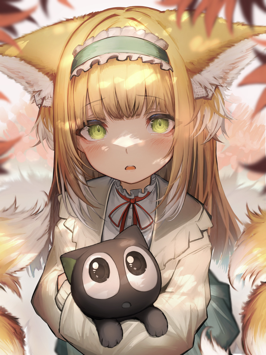 absurdres animal_ears aqua_hairband arknights bangs blonde_hair blunt_bangs fox_ears fox_girl fox_tail frilled_hairband frills green_eyes hairband highres long_hair long_sleeves looking_at_viewer luoxiaohei multiple_tails neck_ribbon official_alternate_costume oripathy_lesion_(arknights) red_ribbon ribbon suzuran_(arknights) suzuran_(spring_praise)_(arknights) tab_head tail