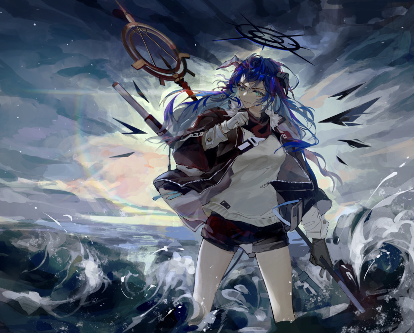 1girl absurdres aqua_eyes arknights asymmetrical_gloves bangs black_gloves black_jacket black_shorts blue_hair closed_mouth commentary_request dalujiadebianyuan demon_horns energy_wings gloves halo highres holding holding_staff horns jacket long_hair long_sleeves looking_at_viewer mismatched_gloves mostima_(arknights) ocean open_clothes open_jacket outdoors shirt shorts solo staff wading waves white_gloves white_shirt