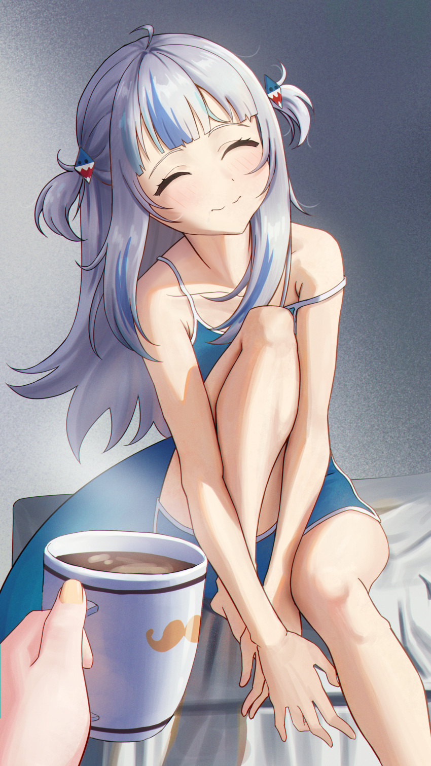 1girl absurdres bare_arms bare_legs barefoot bed bed_sheet blue_camisole blue_shorts camisole closed_eyes coffee coffee_mug collarbone cup flat_chest gawr_gura gradient gradient_background highres hololive hololive_english jedd_(jeddisorange) knee_up light_blush long_hair mug multicolored_hair mustache_print on_bed pov short_shorts shorts sitting smile strap_slip streaked_hair twintails virtual_youtuber watson_amelia white_hair