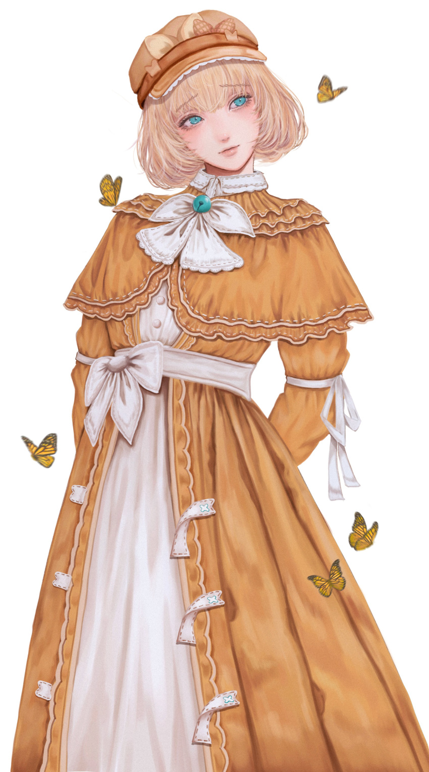 1girl absurdres alternate_costume arms_behind_back avocado2o2 bangs belt blonde_hair blue_eyes blush bug butterfly dress frills hat head_tilt highres lips long_dress long_sleeves millie_parfait nijisanji nijisanji_en orange_dress orange_headwear short_hair simple_background solo virtual_youtuber white_background white_belt yellow_butterfly