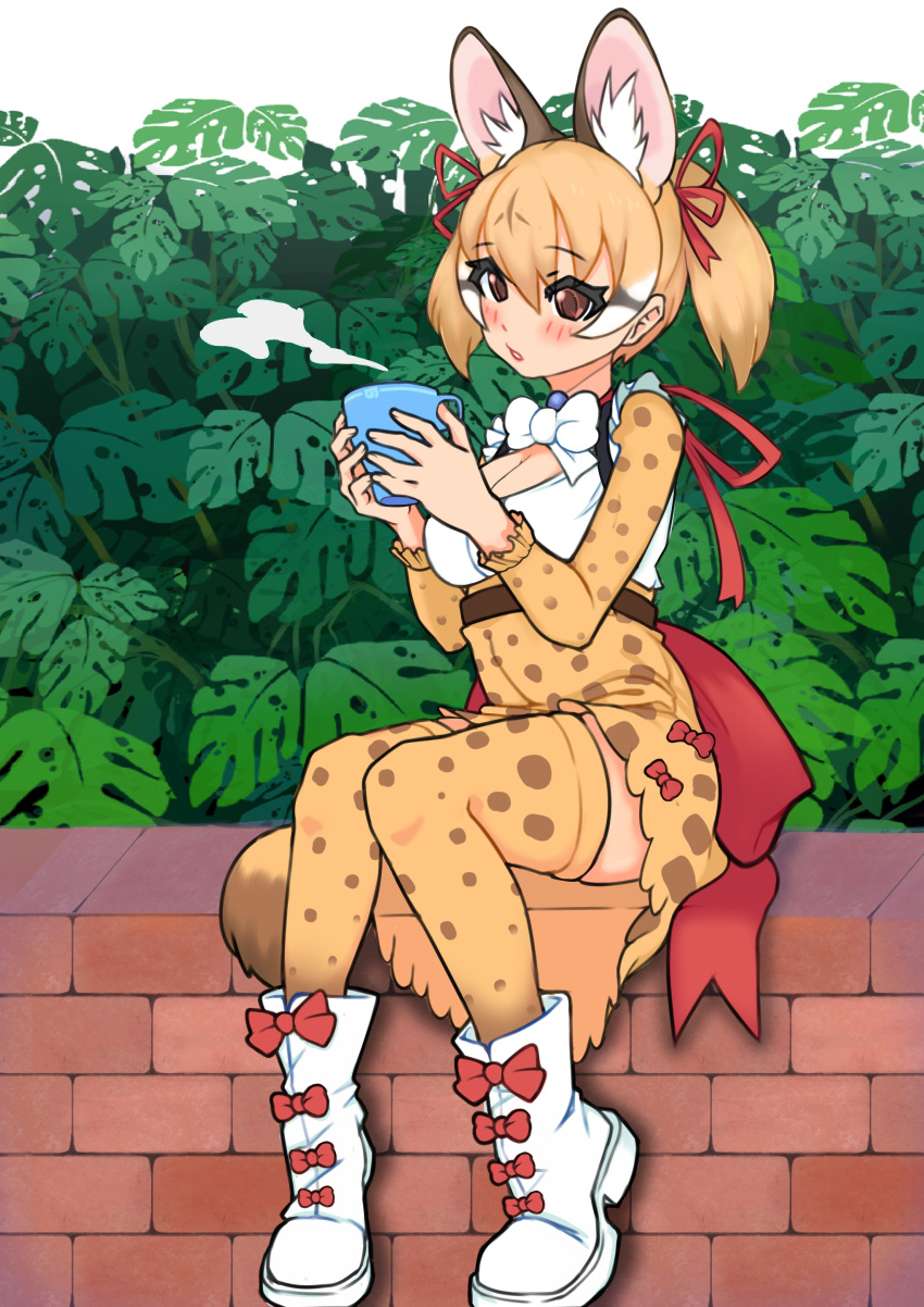 1girl absurdres animal_costume animal_ear_fluff animal_ears bow bowtie brown_eyes brown_hair cat_ears cat_girl cat_tail cup highres illu kemono_friends kemono_friends_v_project kneehighs large-spotted_genet_(kemono_friends) long_hair looking_at_viewer microphone multicolored_hair ribbon shirt shoes skirt socks solo tail twintails virtual_youtuber