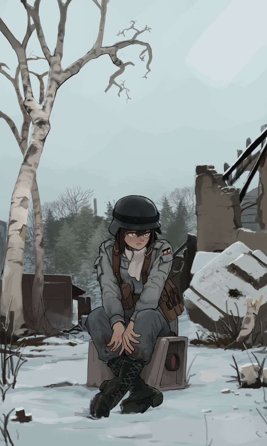 1girl absurdres boots bright_pupils brown_hair building closed_mouth debris destruction helmet highres long_sleeves military military_uniform original outdoors pants rifleman1130 rubble ruins scarf sitting snow soldier tree uniform white_pupils white_scarf winter yellow_eyes
