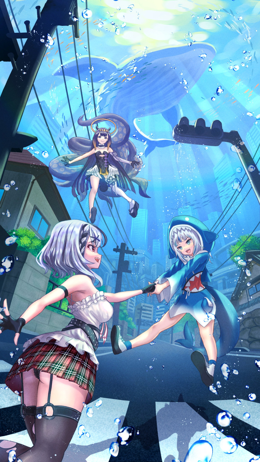 3girls absurdres animal_hood arm_strap belt black_belt black_footwear black_gloves black_hair black_panties black_thighhighs blue_eyes blue_hair blue_hood breasts camisole commentary dress english_commentary fingerless_gloves fish_tail garter_straps gawr_gura gloves grey_hair hair_ornament halo highres hololive hololive_english hood lace-trimmed_panties lace_trim large_breasts long_hair looking_at_another low_wings medium_hair multicolored_hair multiple_girls ninomae_ina'nis open_mouth panties plaid plaid_skirt purple_dress purple_hair red_eyes red_skirt roboqlo sakamata_chloe shark_girl shark_hood shark_tail sharp_teeth shoes skirt small_breasts streaked_hair tail teeth tentacle_hair tentacles thigh-highs underwater underwater_city underwear virtual_youtuber whale white_camisole white_footwear white_hair wings x_hair_ornament