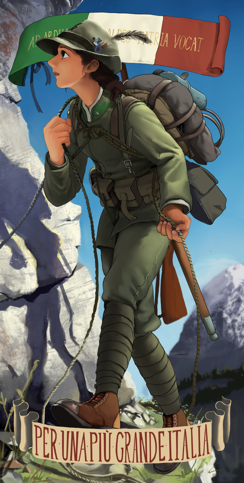 1girl absurdres backpack bag boots brown_hair day gun hat_feather highres holding holding_rope italian_army italian_flag_print italian_text long_sleeves medium_hair military military_uniform mountain original outdoors pants parted_lips rifle rifleman1130 rope soldier solo uniform weapon