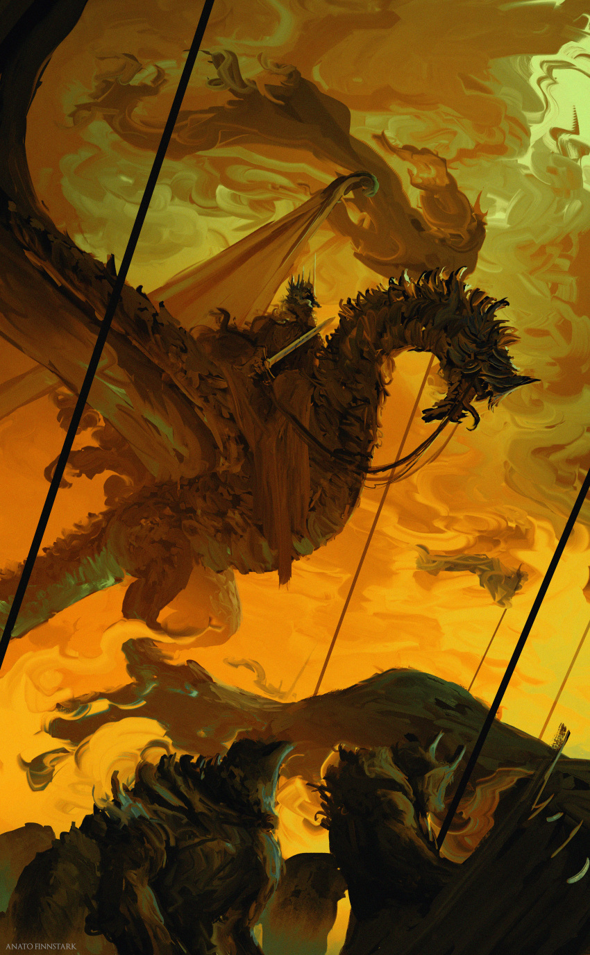 absurdres anato_finnstark banner crown fellbeast highres holding holding_sword holding_weapon nazgul polearm spear sword the_lord_of_the_rings tolkien's_legendarium weapon witch_king_of_angmar yellow_theme