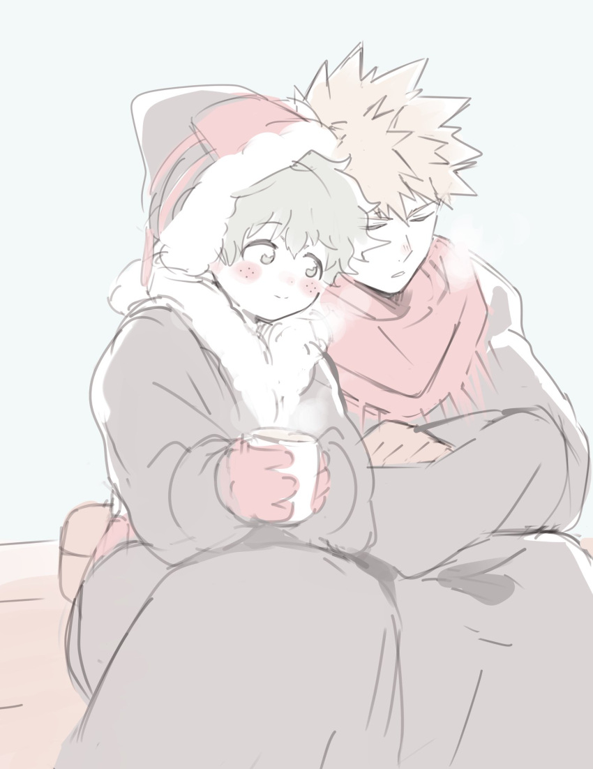 2boys bakugou_katsuki black_coat black_headwear blonde_hair blush boku_no_hero_academia closed_eyes closed_mouth coat commentary crossed_arms cup freckles fur-trimmed_headwear green_eyes green_hair grey_background hat highres holding holding_cup leaning_on_person long_sleeves looking_at_another midoriya_izuku multiple_boys nugunasutu official_alternate_costume open_mouth red_scarf scarf short_hair simple_background sitting smile spiky_hair steam