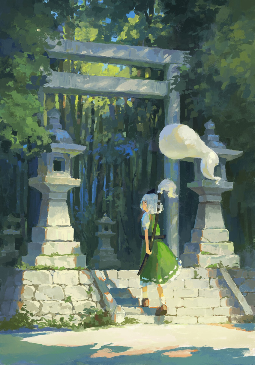 bamboo bamboo_forest black_bow bow day dress fjsmu forest frilled_dress frills green_dress hair_bow highres konpaku_youmu konpaku_youmu_(ghost) nature outdoors puffy_short_sleeves puffy_sleeves retaining_wall scabbard scenery sheath sheathed shirt short_hair short_sleeves stairs stone_lantern stone_stairs sword sword_on_back tassel torii touhou walking weapon weapon_on_back white_hair white_shirt