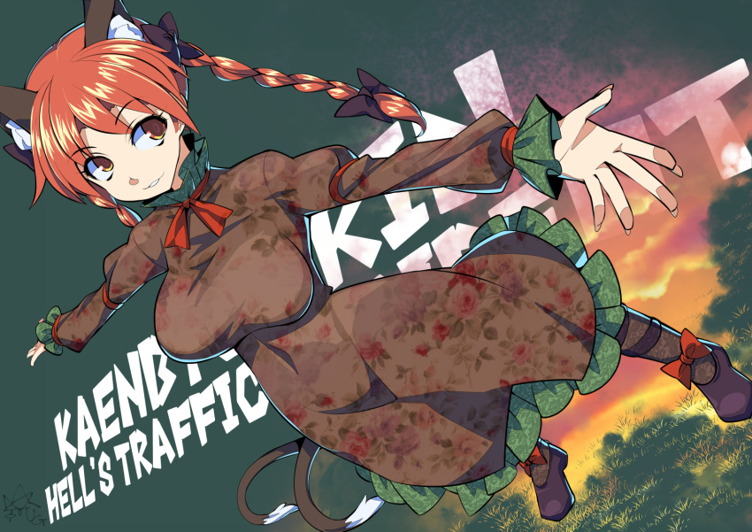 1girl animal_ears bow braid breasts cat_ears cat_tail character_name dress dutch_angle floral_print from_above highres kaenbyou_rin large_breasts looking_to_the_side multiple_tails outstretched_arms parted_lips redhead solo tail teeth touhou twin_braids two_tails umigarasu_(kitsune1963)