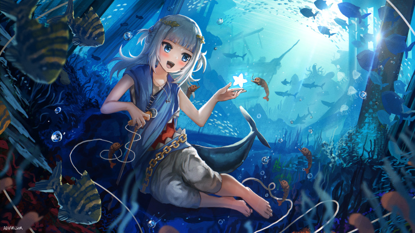 1girl :d absurdres anonamos bare_arms barefoot blue_eyes blue_hair blue_shirt chain commentary_request fish fish_tail gawr_gura grey_shorts hair_ornament hand_up highres hololive hololive_english jellyfish octopus scenery school_of_fish shark shark_girl shark_hair_ornament shark_tail sharp_teeth shipwreck shirt shorts smile tail teeth underwater virtual_youtuber white_hair