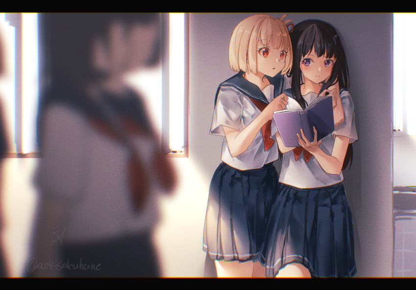 3girls absurdres against_wall aoi_hane arm_around_neck artist_name black_hair blonde_hair blue_sailor_collar blue_skirt blurry blurry_foreground book chromatic_aberration closed_mouth commentary_request cowboy_shot day film_grain hair_ribbon hand_on_another's_arm hands_up highres holding holding_book indoors inoue_takina letterboxed light_smile long_hair looking_at_another looking_at_object looking_to_the_side lycoris_recoil miniskirt multiple_girls neckerchief nishikigi_chisato one_side_up open_book orange_eyes parted_lips pleated_skirt red_neckerchief red_ribbon ribbon sailor_collar school_uniform serafuku shade shirt short_hair side-by-side sidelocks sideways_glance signature skirt standing sunlight turning_page twitter_username violet_eyes white_shirt window yuri