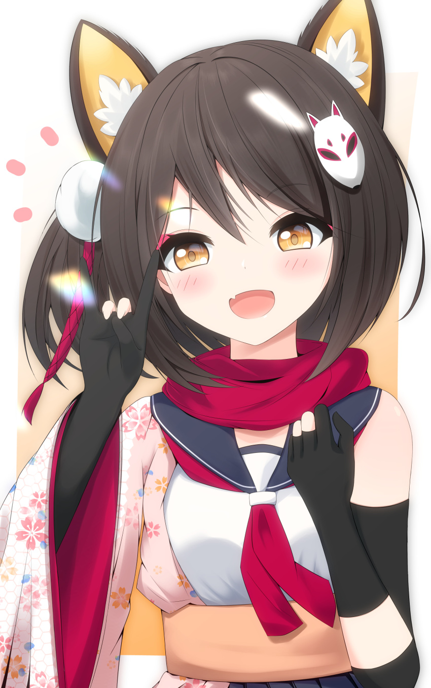 1girl :d absurdres animal_ears bangs black_gloves blue_archive blush brown_hair floral_print fox_ears fox_shadow_puppet gloves gyazaa hair_between_eyes hair_ornament hand_up happy highres izuna_(blue_archive) japanese_clothes kimono looking_at_viewer miyagi_ratona open_mouth petals pink_scarf scarf school_uniform serafuku short_hair smile solo upper_body weapon white_background yellow_eyes