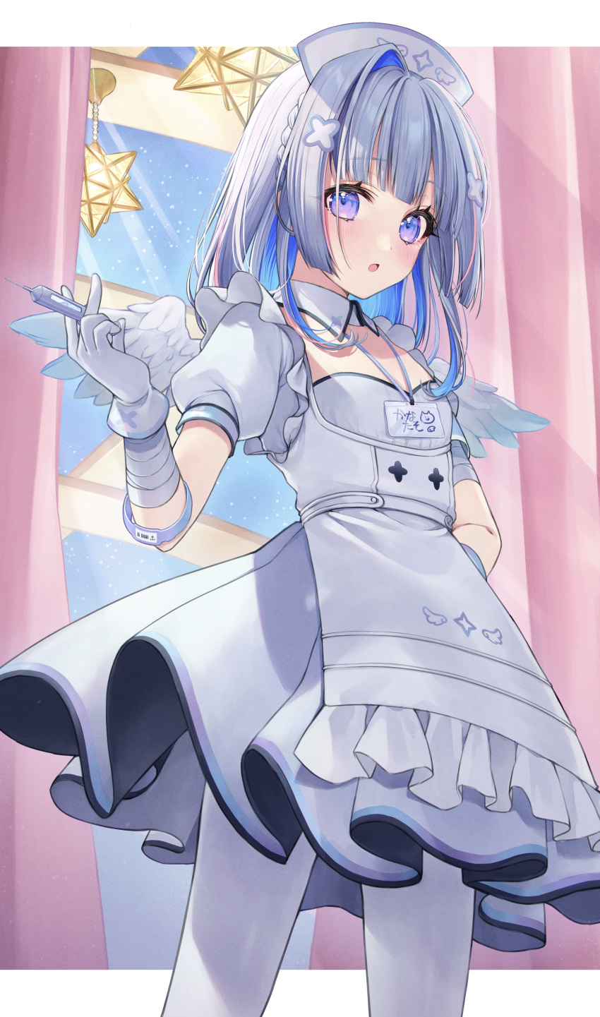 1girl :o absurdres amane_kanata angel angel_wings apron bandaged_arm bandages bangs blue_hair blue_wings blunt_bangs blush braid breasts colored_inner_hair detached_collar dress feathered_wings gloves gradient gradient_wings grey_dress grey_hair hair_ornament hairclip hand_on_hip hat highres holding holding_syringe hololive id_card kabi_akaru lanyard looking_at_viewer medium_hair mini_wings multicolored_hair multicolored_wings nurse nurse_cap official_alternate_costume official_alternate_hair_length official_alternate_hairstyle pantyhose parted_lips pink_hair puffy_short_sleeves puffy_sleeves short_dress short_sleeves single_hair_intake small_breasts solo streaked_hair syringe underbust violet_eyes virtual_youtuber waist_apron white_apron white_gloves white_pantyhose white_wings wing_collar wings