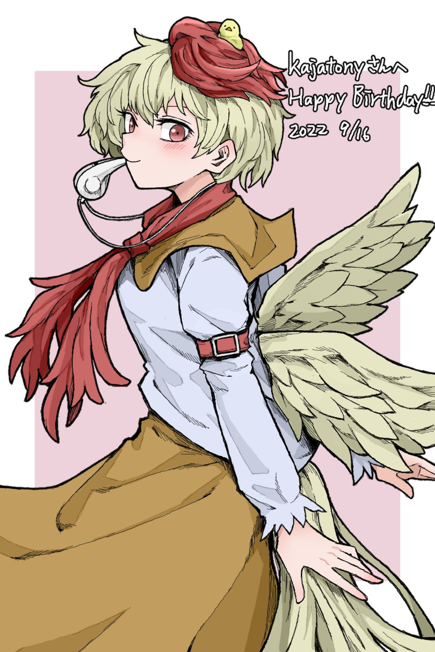 1girl animal animal_on_head bird bird_on_head bird_tail bird_wings blonde_hair blush chick closed_mouth dated dress fe_(tetsu) feathered_wings gift_art highres long_sleeves multicolored_hair niwatari_kutaka on_head orange_dress red_eyes redhead shirt short_hair smile solo tail touhou two-tone_hair upper_body whistle whistle_around_neck whistling white_shirt wings yellow_wings