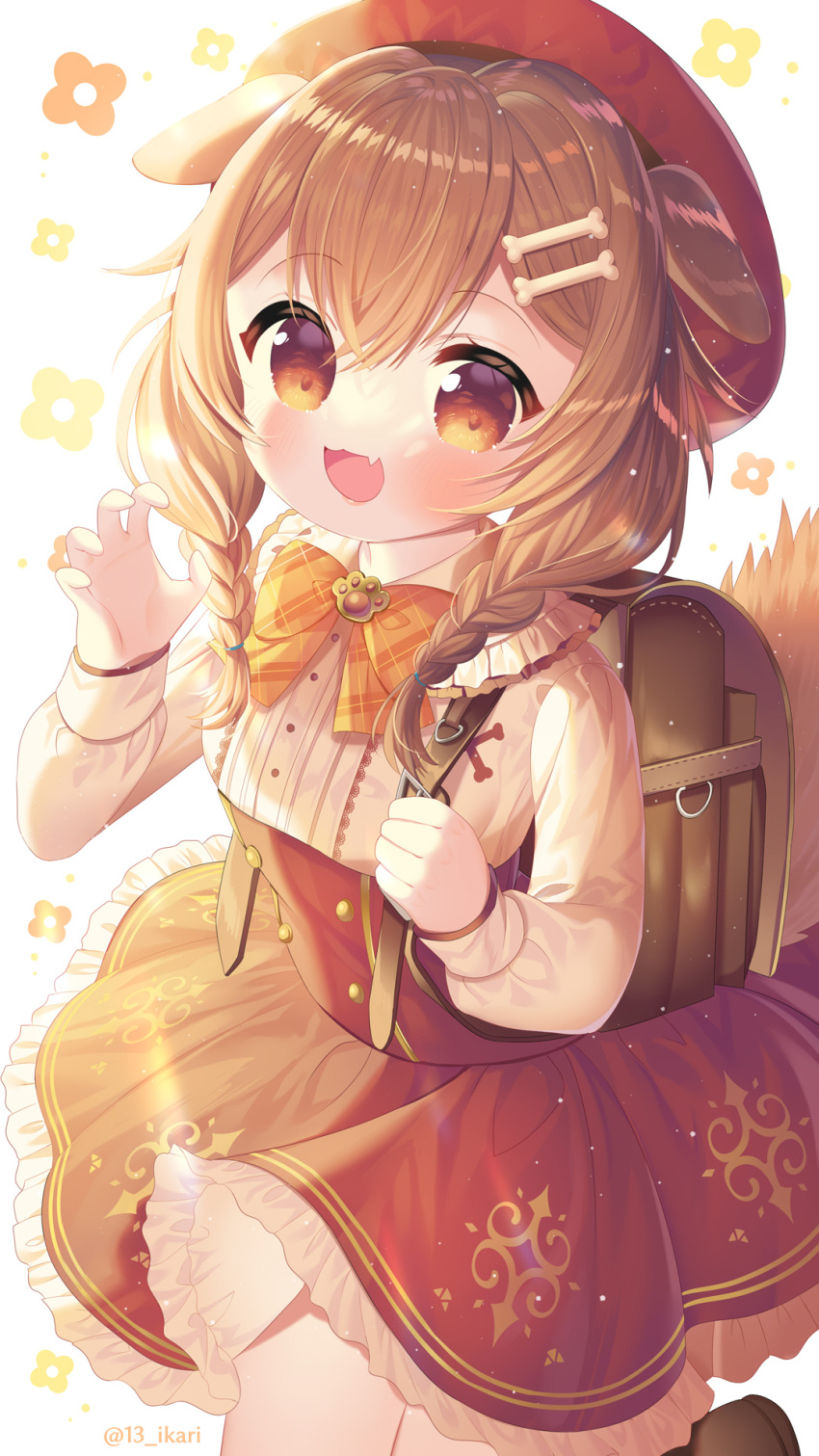 1girl :d animal_ears backpack bag bangs beret blush bone_hair_ornament bow bowtie braid brown_eyes brown_hair dog_ears dog_girl dog_tail fang frilled_skirt frills hair_ornament hat high-waist_skirt highres holding_strap hololive ikari_(aor3507) inugami_korone long_sleeves looking_at_viewer orange_bow orange_bowtie red_headwear red_skirt shirt simple_background skin_fang skirt smile solo striped striped_bow striped_bowtie tail twin_braids virtual_youtuber white_background white_shirt