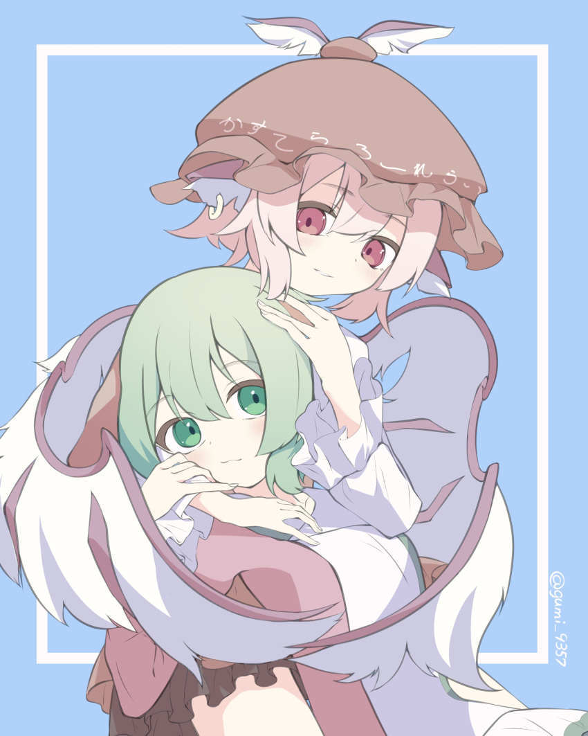 2girls absurdres animal_ears bird_ears bird_wings blush brown_dress brown_headwear closed_mouth dog_ears dress earrings frilled_dress frilled_sleeves frills green_eyes green_hair gumi_9357 hair_between_eyes hat highres jewelry kasodani_kyouko long_sleeves multiple_girls mystia_lorelei open_mouth pink_eyes pink_hair short_hair single_earring smile touhou twitter_username white_wings winged_hat wings