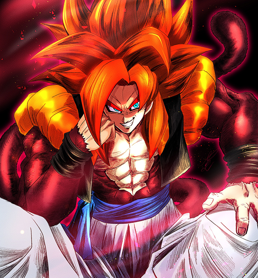 1boy absurdres blue_eyes blue_sash body_fur dougi dragon_ball dragon_ball_gt fusion_dance gogeta highres male_focus metamoran_vest monkey_boy monkey_tail muscular red_fur sash smirk spiky_hair super_saiyan super_saiyan_4 tail teeth yuuri_(fukuroudou)