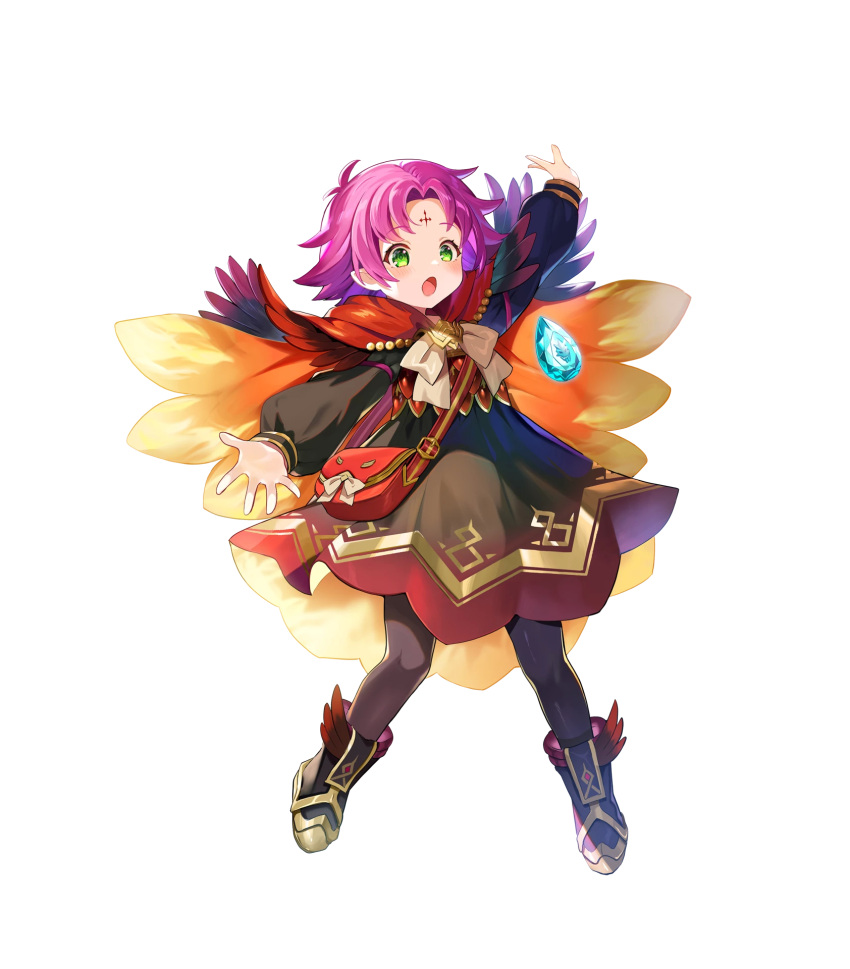 1girl alternate_costume bangs black_dress blush boots capelet child dress facial_mark fae_(fire_emblem) feather_trim female_child fire_emblem fire_emblem:_the_binding_blade fire_emblem_heroes forehead_mark full_body gold_trim gradient gradient_clothes green_eyes highres long_sleeves non-web_source official_art open_mouth outstretched_arms pantyhose pointy_ears satoupote shiny shiny_hair short_dress short_hair spread_arms transparent_background