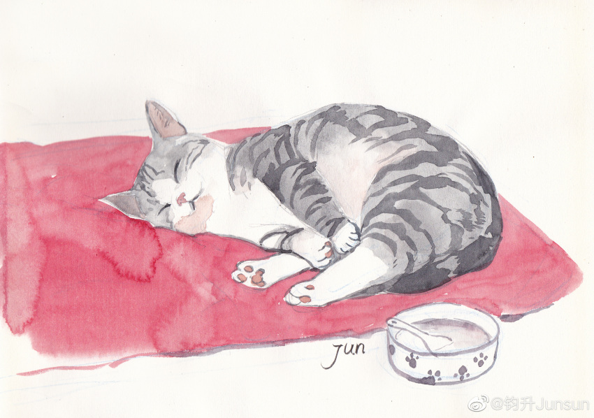 animal_focus bowl cat closed_eyes full_body highres junsun lying no_humans on_side original painterly paw_print pillow sleeping spoon traditional_media weibo_logo weibo_username white_background