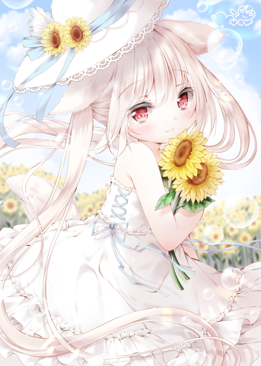 1girl animal_ears bangs blue_ribbon blue_sky blurry blurry_background blush bubble child clouds cloudy_sky commentary_request dress flower from_side hat hat_ribbon highres holding holding_flower long_hair looking_at_viewer moco_ofuton original outdoors red_eyes ribbon sidelocks sky smile solo sunflower tail very_long_hair white_dress white_hair white_headwear