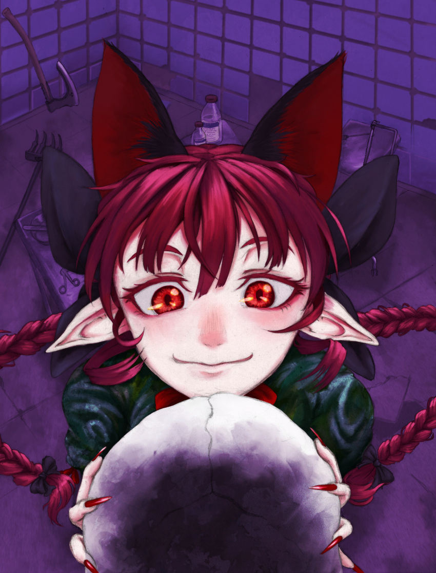 1girl :3 absurdres animal_ears blush bow braid cat_ears cat_tail dress extra_ears fingernails foreshortening green_dress hair_bow highres holding holding_skull kaenbyou_rin long_fingernails long_hair looking_at_object multiple_tails nail_polish nose_blush pointy_ears red_eyes red_nails redhead sharp_fingernails skull smile solo tail tile_floor tile_wall tiles touhou twin_braids very_long_hair xianluo_neko_aoi