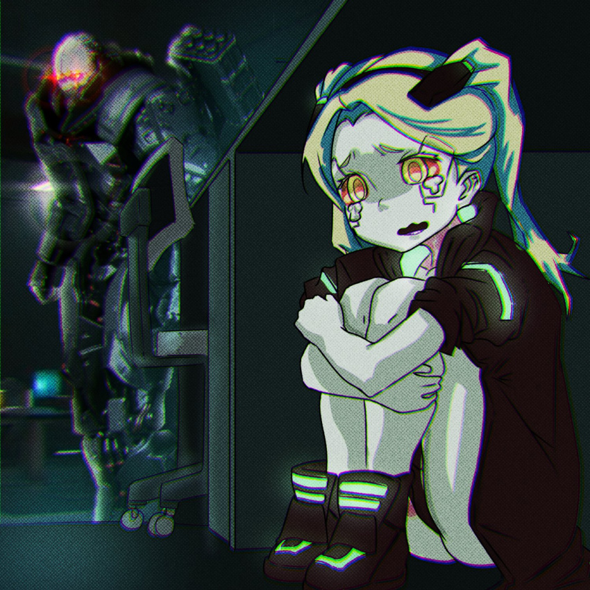 1boy 1girl adam_smasher ass blurry chromatic_aberration colored_sclera crying crying_with_eyes_open cyberpunk_(series) cyberpunk_2077 cyberpunk_edgerunners cyborg depth_of_field fetal_position green_hair hiding highres parody rebecca_(cyberpunk_edgerunners) red_eyes red_sclera restech_r robot tears twintails under_table