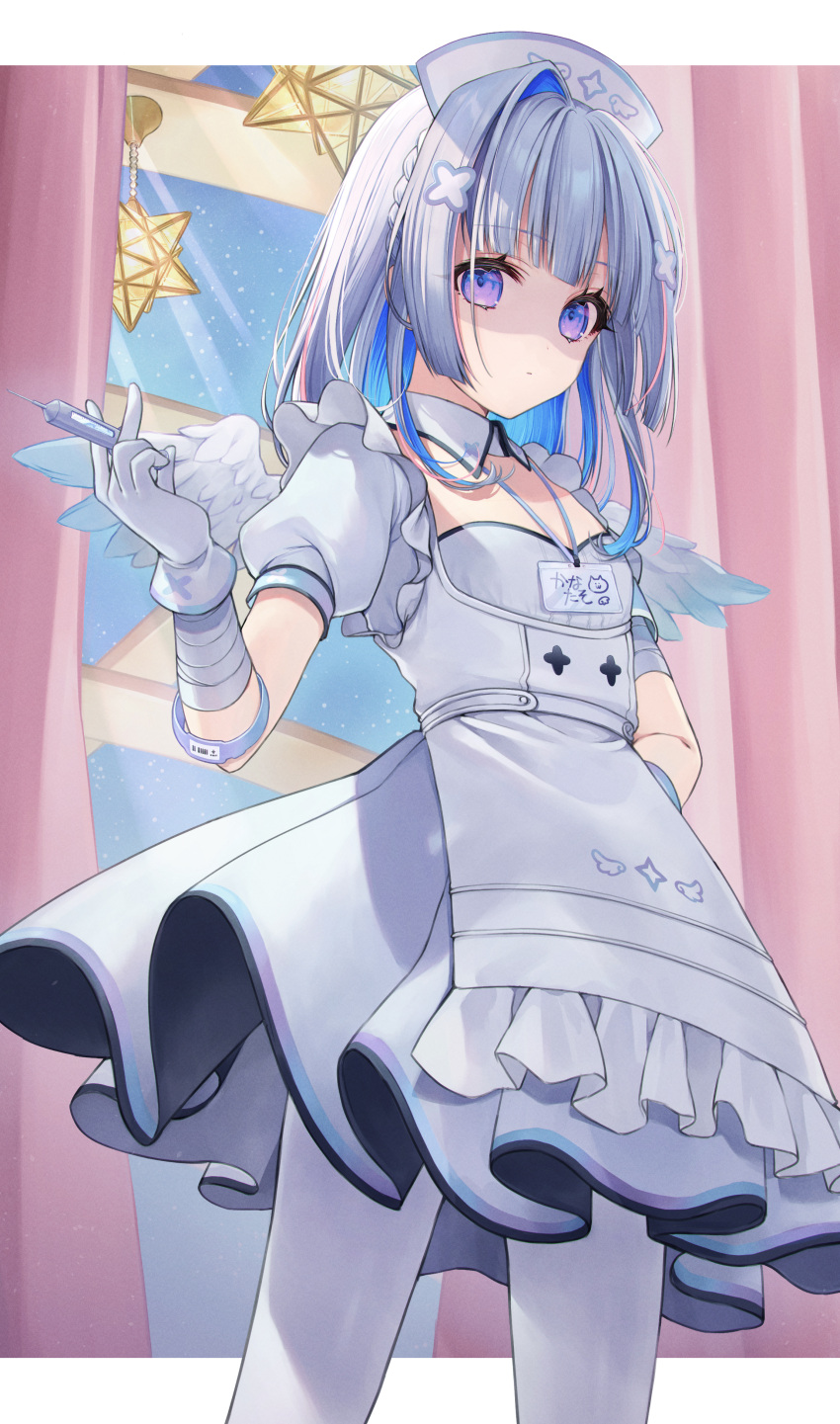 1girl absurdres amane_kanata angel angel_wings apron bandaged_arm bandages bangs blue_hair blue_wings blunt_bangs braid breasts colored_inner_hair detached_collar dress feathered_wings gloves gradient gradient_wings grey_dress grey_hair hair_ornament hairclip hand_on_hip hat highres holding holding_syringe hololive id_card kabi_akaru lanyard looking_at_viewer medium_hair mini_wings multicolored_hair multicolored_wings nurse nurse_cap official_alternate_costume official_alternate_hair_length official_alternate_hairstyle pantyhose pink_hair puffy_short_sleeves puffy_sleeves shaded_face short_dress short_sleeves single_hair_intake small_breasts solo streaked_hair syringe underbust violet_eyes virtual_youtuber waist_apron white_apron white_gloves white_pantyhose white_wings wing_collar wings