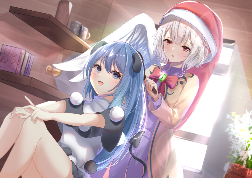 2girls :d absurdres angel_wings bell blue_hair bookshelf bow bowtie brooch brushing_another's_hair brushing_hair commentary_request commission doremy_sweet dress dutch_angle feathered_wings feet_out_of_frame glint grey_hair hair_between_eyes hat headwear_switch highres indoors jacket jewelry kishin_sagume knees_together_feet_apart knees_up long_sleeves looking_at_another multiple_girls nightcap niko_kusa open_mouth plant pom_pom_(clothes) potted_plant purple_dress red_bow red_bowtie red_eyes red_headwear short_hair single_wing sitting skeb_commission smile tail tapir_tail touhou white_wings window wings
