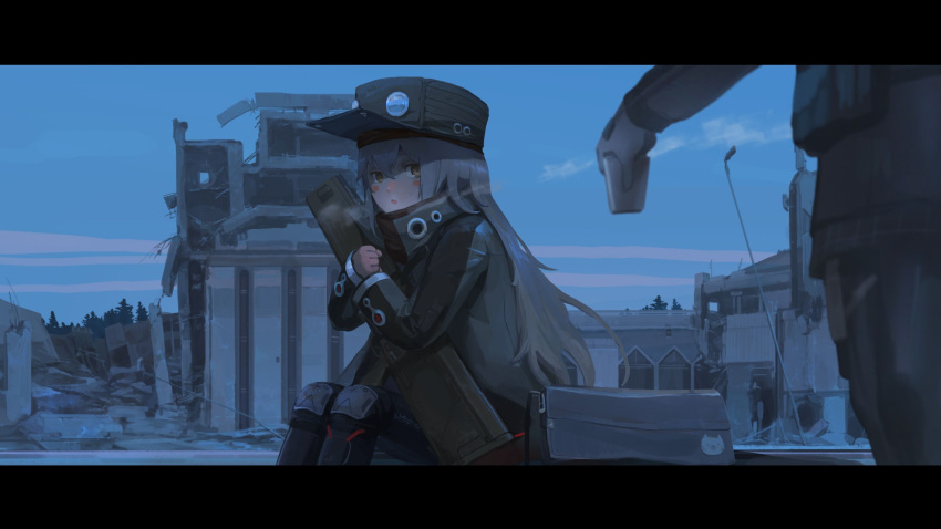 1girl 1other :o bag blush_stickers breath brown_hair cup dawn disposable_cup g11_(girls'_frontline) girls_frontline grey_hair hat highres jacket knee_pads letterboxed long_hair long_sleeves out_of_frame outdoors ruins shoulder_bag sitting standing yi_gesang