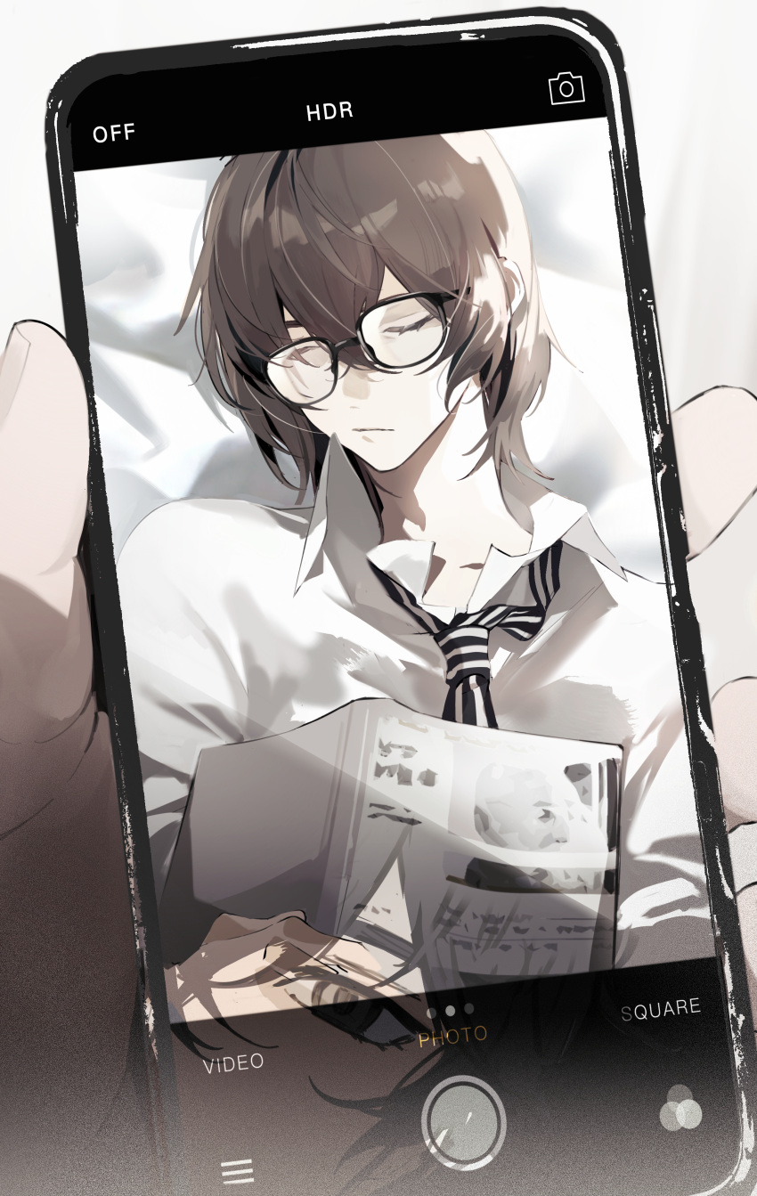 2boys absurdres akechi_gorou amamiya_ren black_hair book camera cellphone cellphone_picture closed_eyes closed_mouth collared_shirt glasses grey_eyes hair_between_eyes highres holding holding_phone male_focus multiple_boys official_alternate_hairstyle persona persona_5 persona_5_the_royal phone qi_id_wuneng shirt short_hair sleeping smartphone taking_picture white_shirt