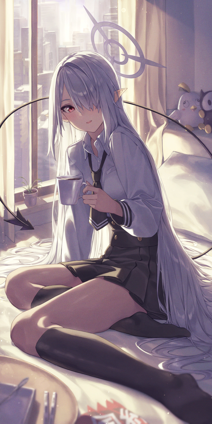 1girl absurdres animal_ears banana_oekaki bed_sheet black_necktie black_skirt black_socks blue_archive blurry blurry_foreground blush building coffee collared_shirt cup hair_over_one_eye halo highres holding holding_cup iori_(blue_archive) light long_hair long_sleeves looking_at_viewer necktie on_bed open_mouth pillow pleated_skirt red_eyes shirt sitting skirt smile socks stuffed_animal stuffed_toy teeth uniform upper_teeth very_long_hair white_hair white_shirt
