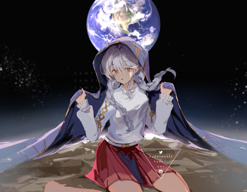 1girl artist_name bangs barefoot belt belt_buckle blue_cloak braid buckle cloak clothes_grab commentary cross-laced_sleeves earth_(planet) english_commentary floating_hair gold_trim hair_between_eyes hyde_(hai-do) instagram_logo instagram_username long_hair long_sleeves looking_at_viewer lunar_rabbit_(melanbread) moon original parted_lips planet pleated_skirt red_eyes red_skirt sitting skirt solo space star_(sky) sweater twin_braids twitter_logo twitter_username wariza watermark white_belt white_hair white_sweater