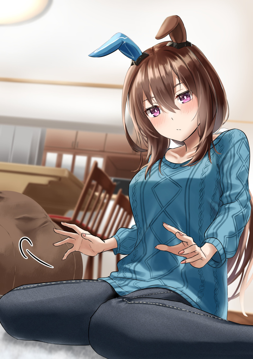 1girl absurdres admire_vega_(umamusume) alternate_costume animal_ears blurry blurry_background blush brown_hair casual collarbone commentary_request hair_between_eyes hair_ornament highres horse_ears horse_girl lap_pillow_invitation long_hair looking_at_viewer pants ponytail seiza sitting umamusume user_eezt5878 violet_eyes