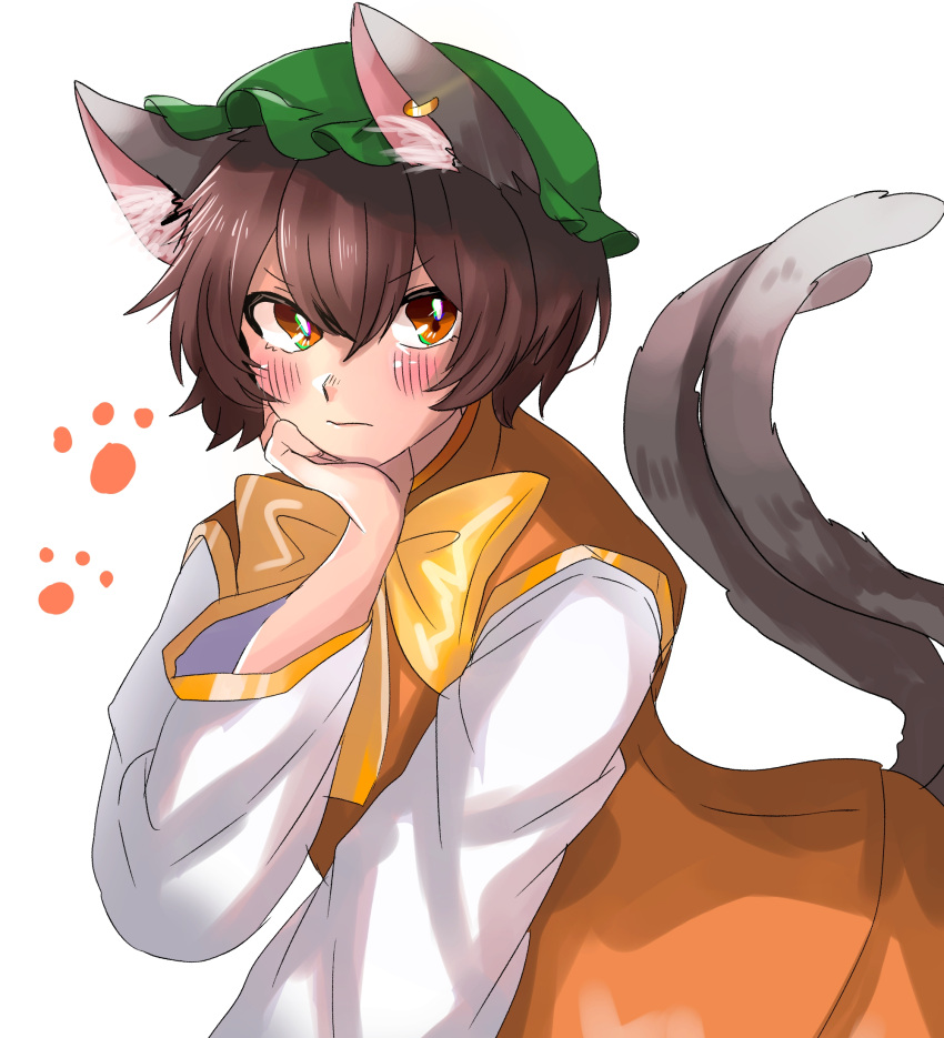 1girl animal_ears annoyed brown_hair cat_ears cat_tail chen earrings hand_on_own_face hat highres jewelry kashiwara_mana looking_at_viewer mob_cap multiple_tails nekomata short_hair solo tail touhou v-shaped_eyebrows